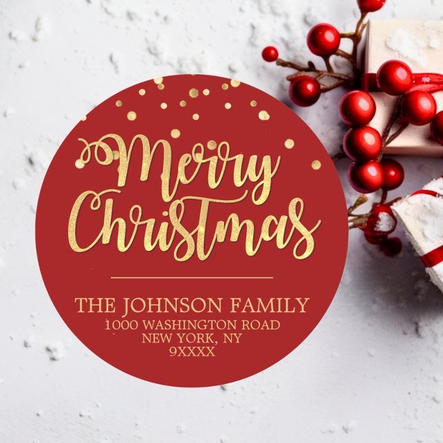 Adesivo DOURADO Glitter RED Confetti Feliz Endereço de Nat (RED Gold Glitter Confetti Merry Christmas Address Classic Round Sticker)