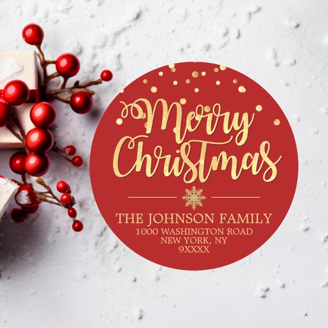 Adesivo DOURADO Glitter RED Confetti Feliz Endereço de Nat (RED Gold Glitter Confetti Merry Christmas Address Classic Round Sticker)