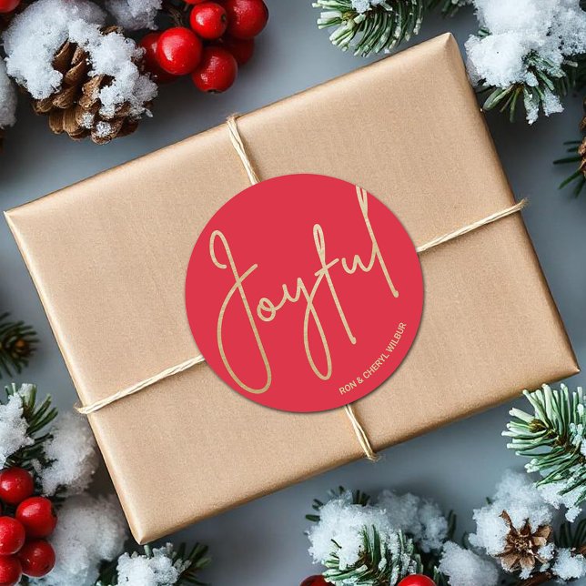 Adesivo Dourado JOYFUL no Natal Vermelho (JOYFUL in gold script on red Christmas 3" Round Stickers)