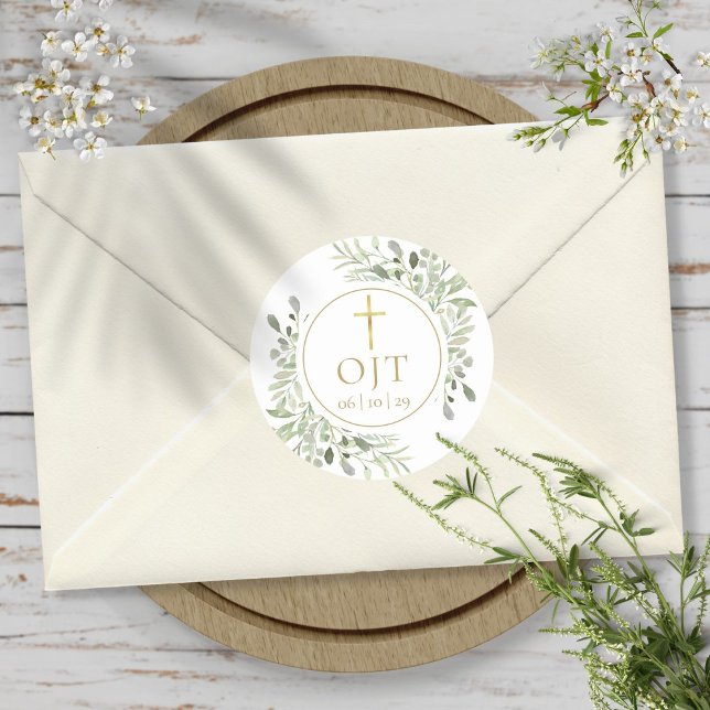 Adesivo Dourado Monograma Iniciais Greenery (Gold Cross Monogram Initials Greenery Classic Round Sticker)
