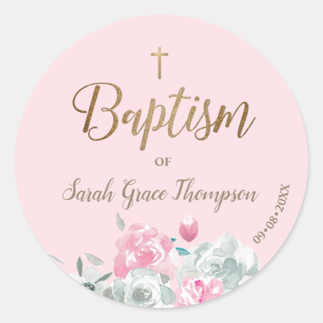 Adesivo Dourado rosa Watercolor floral Bebê batismo (Frente)