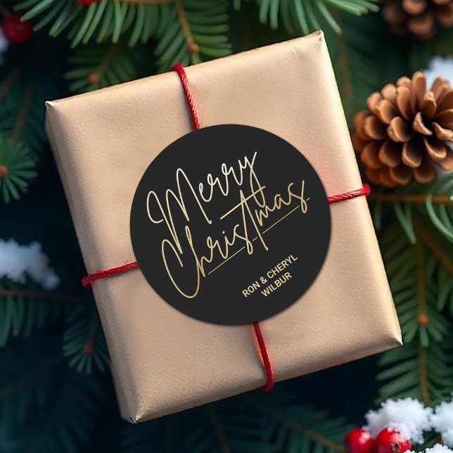 Adesivo Dourado roteiro Feliz Natal a Preto (Merry Christmas in gold script on black 3" round stickers)
