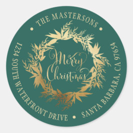 Adesivo Dourado Teal Merry Christmas Wreath Return Endereç