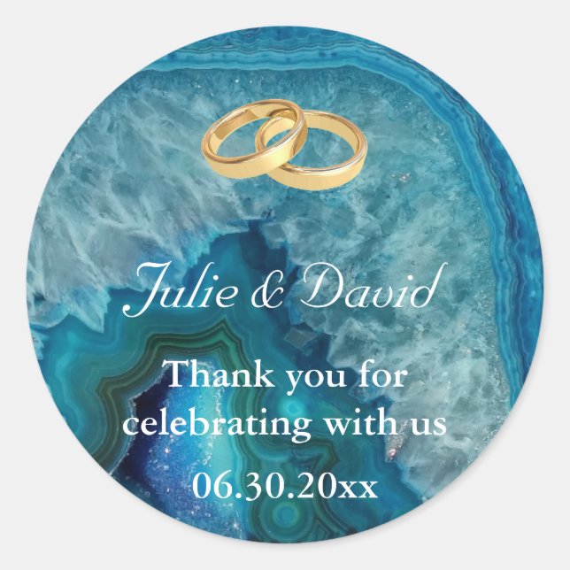 Adesivo Dourados Anéis de Casamento Obrigado na Agata Azul (Frente)