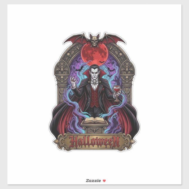 Adesivo Drácula de Halloween Lua Vermelha Morcegos Caveira (Folha)