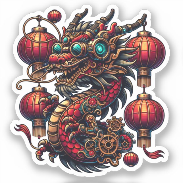 Adesivo Dragão de Ano Novo Chinês Steampunk (Frente)