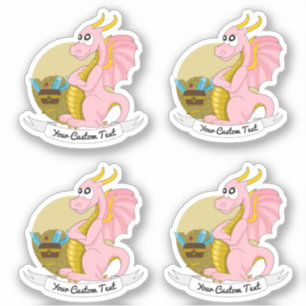 Adesivo Dragão rosa de desenho animado com tesouro e adesi
