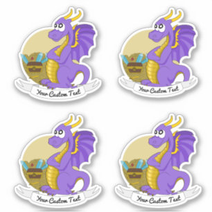 Adesivo Dragão roxo de desenho animado com tesouro e texto