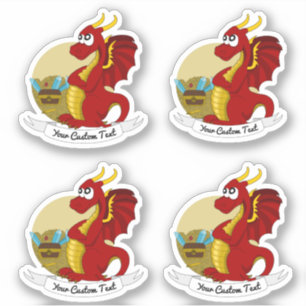 Adesivo Dragão vermelho de desenho animado com tesouro e a
