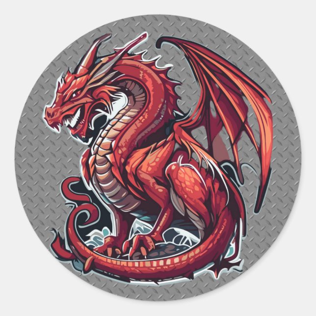 Adesivo Dragão Vermelho Fiery Em Placa De Diamante De Meta (Frente)