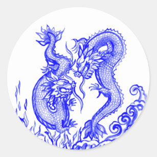 Adesivo Dragões Dramáticos Azul Água Branca Fogo Asiático