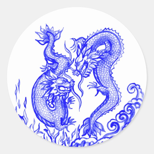 Adesivo Dragões Dramáticos Azul Água Branca Fogo Asiático (Frente)