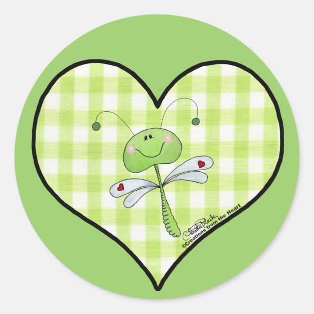 Adesivo Dragon Fly em um coração verde de gingham (Frente)
