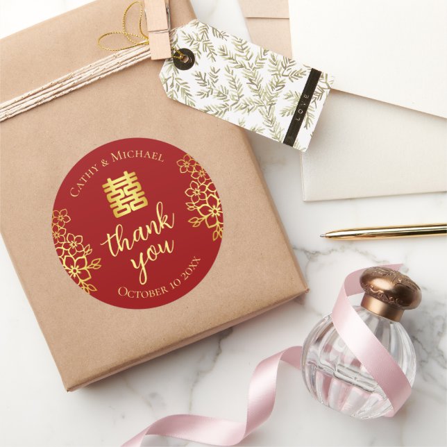 Adesivo Dupla felicidade floral obrigado casamento chinês (Presentear)