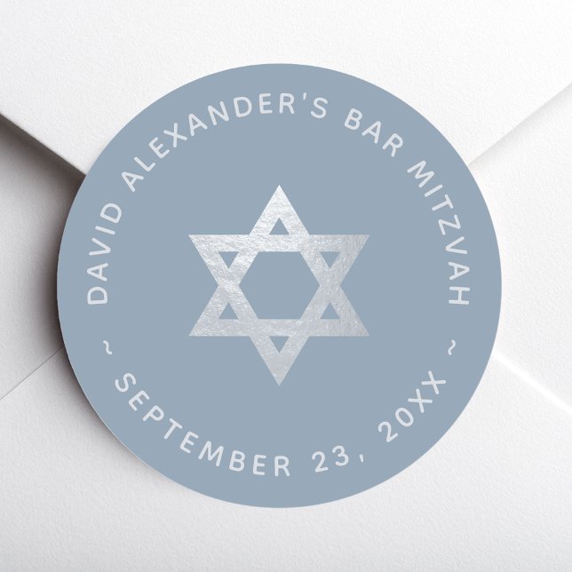 Adesivo Dusty Blue Bar Mitzvah - Faux Silver Star of David (Criador carregado)