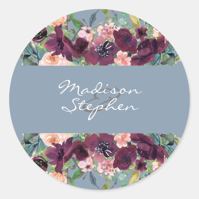 Adesivo Dusty Blue | Casamento Floral De Burgundy Watercol (Frente)