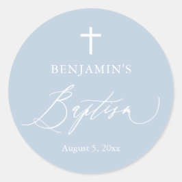Adesivo Dusty Blue Cross Boy Baptism Round Sticker