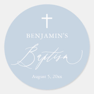 Adesivo Dusty Blue Cross Boy Baptism Round Sticker