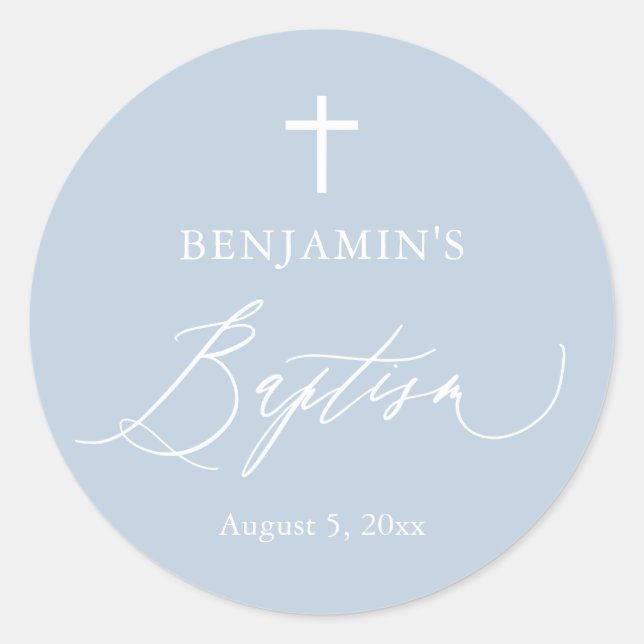 Adesivo Dusty Blue Cross Boy Baptism Round Sticker (Frente)