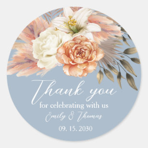 Adesivo Dusty Blue e Peach Floral Weding Obrigado