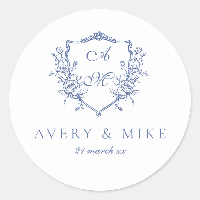 Adesivo Dusty Blue Elegant Vintage Rosas Crest Casamento (Frente)