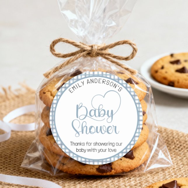 Adesivo Dusty Blue Gingham Baby Shower Favor Sticker (Baby Shower Sticker)