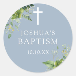 Adesivo Dusty Blue Greenery Baptism Christening Favor