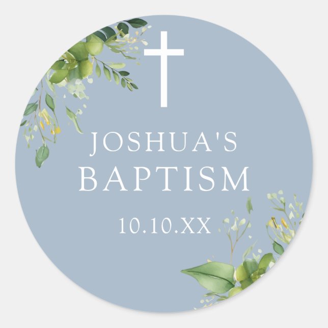 Adesivo Dusty Blue Greenery Baptism Christening Favor (Frente)