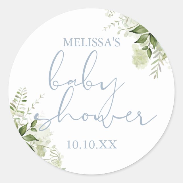 Adesivo Dusty Blue Greenery Floral Boy Favor do Chá de fra (Frente)