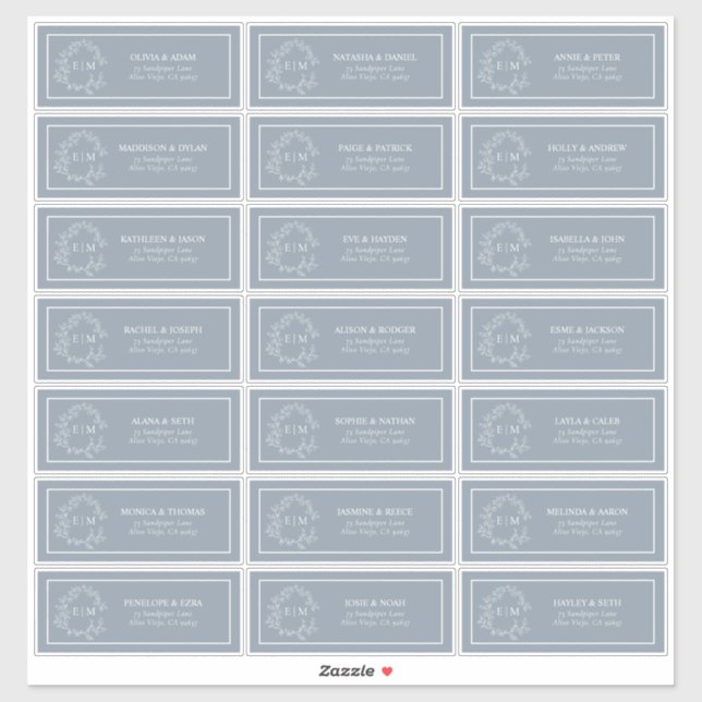 Adesivo Dusty Blue Leafy Crest Monograma Endereço de Convi (Folha)