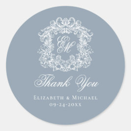 Adesivo Dusty Blue Monogram Wedding Crest Thank You