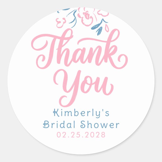 Adesivo Dusty Blue Pink Whimsical Bridal Shower Thank You  (Frente)