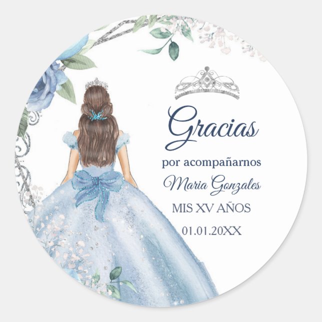 Adesivo Dusty Blue Quinceañera Favor Obrigado Dando Etique (Frente)