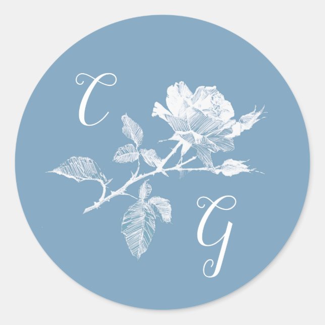 Adesivo Dusty Blue Rose Line Art Monogram Wedding (Frente)