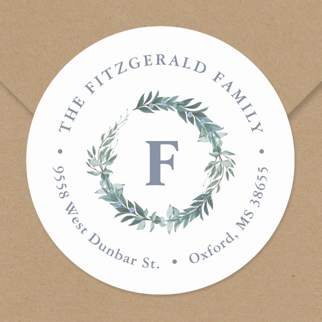 Adesivo Dusty Blue Wreath Monograma Endereço de devolução (Criador carregado)