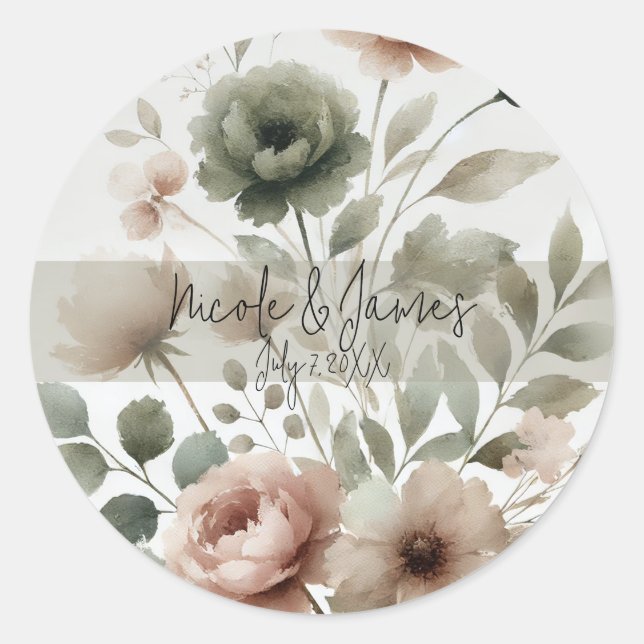 Adesivo Dusty Olive & Pink Watercolor Casamento Floral (Frente)
