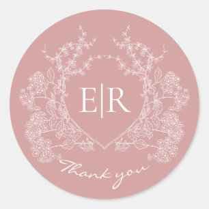 Adesivo Dusty Pink Floral Crest Monograma Casamento Obriga