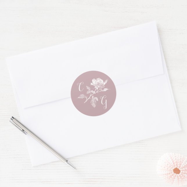 Adesivo Dusty Pink Rose Line Art Monogram Wedding (Envelope)