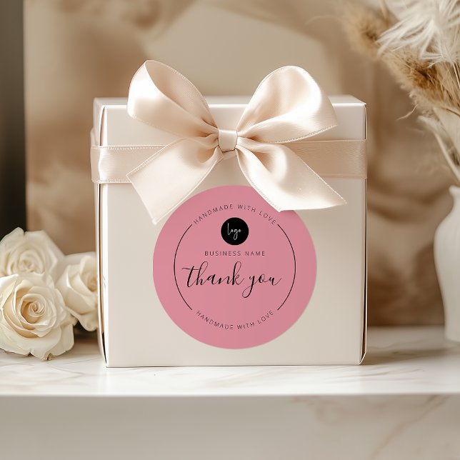 Adesivo Dusty Rosa, obrigado, feito à mão com amor (Dusty Rose Thank You Handmade with Love Classic Round Sticker)