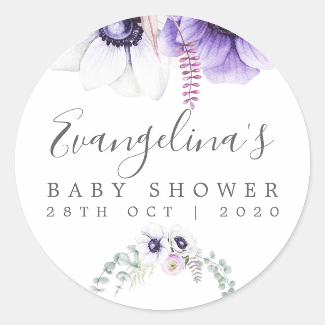 Adesivo Dusty Violet Watercolor Chá de fraldas Floral (Frente)