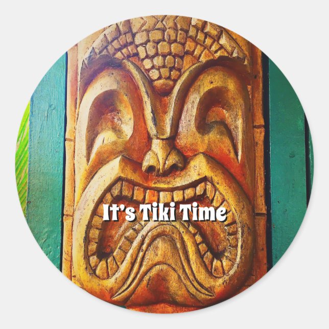 Adesivo É o Tiki Time Hawaii Divertido Retro Tropical Wood (Frente)