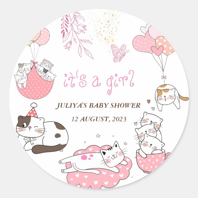 Adesivo É um chá de fraldas feminino com gatos (Frente)