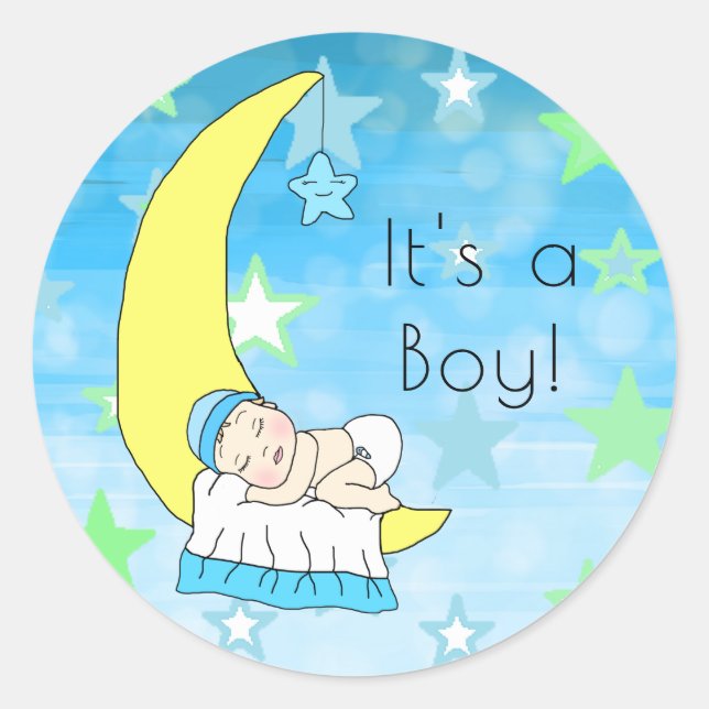 Adesivo É um Menino, Bebê Menino na Lua e Estrelas (Frente)
