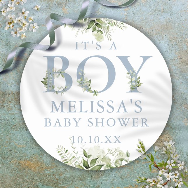 Adesivo É um menino Dusty Blue Greenery Chã de Bebê (Its A Boy Dusty Blue Greenery Baby Shower Classic Round Sticker)