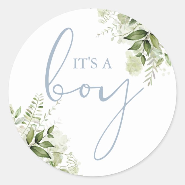 Adesivo É um menino Dusty Blue Greenery Favor de Chá de Be (Frente)