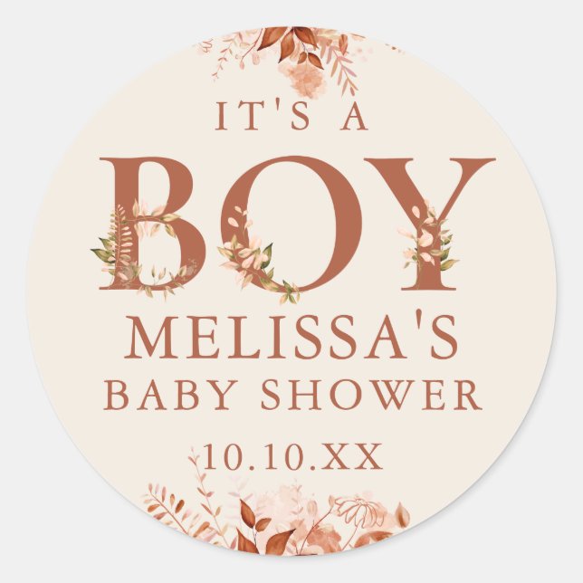 Adesivo É um Menino Floral Rústico Outono Bebê Shower (Frente)