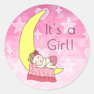 Adesivo É uma Menina, Bebê Menina na Lua Rosa