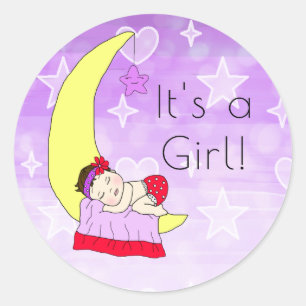 Adesivo É uma Menina, Bebê Menina na Lua Roxo Morena