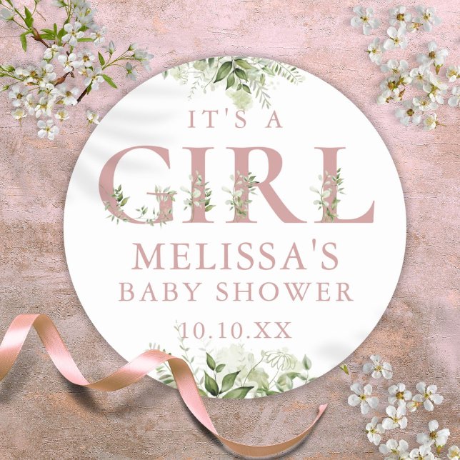 Adesivo É Uma Menina Chá de Bebê Rosa Poeira Verde (Its A Girl Dusty Rose Pink Greenery Baby Shower Classic Round Sticker)