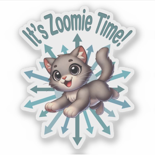 Adesivo É Zoomie Time, Cinza e Gato Branco (Frente)
